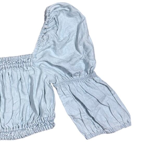Zara Chambray Crop Top Puff Sleeve Shirt Denim Open Back Size Small Cottage - Picture 5 of 8